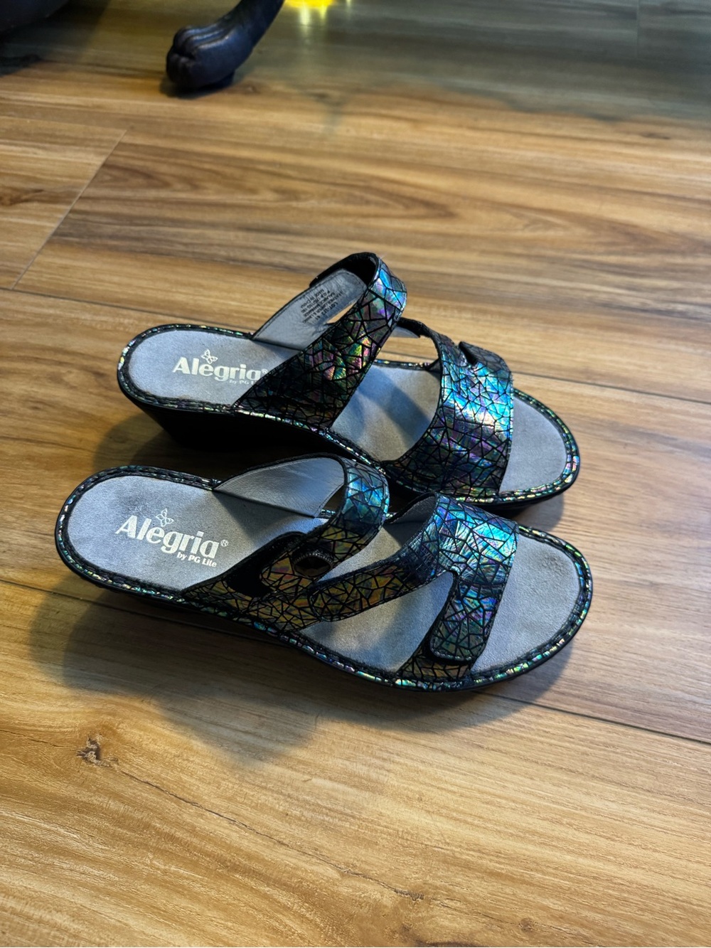 Alegria Women's Iridescent Mosaic Slide Sandals - Black with Blue-Green Shimmer